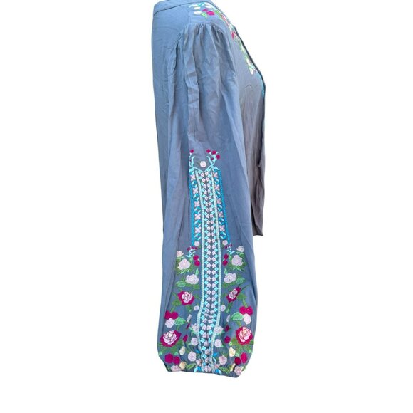 Andrée By Unit Embroidered Lace-Up Tunic Boho Mexican Tunic Top Gray Floral L - Picture 3 of 11